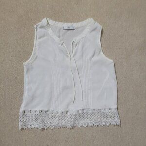 Mango Women's White Sleeveless V-Neck Blouse with Crochet Details, Size Small